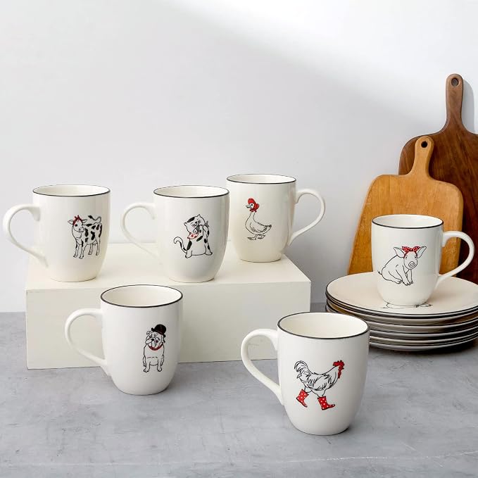 LEHAHA Farmhouse Coffee Mugs Set,16 OZ Animal Large Ceramic Mugs with Handle, Set of 6, Christmas Porcelain Cups for Coffee, Tea, Cocoa, Office and Home Use, Practical Gift, Assorted Design