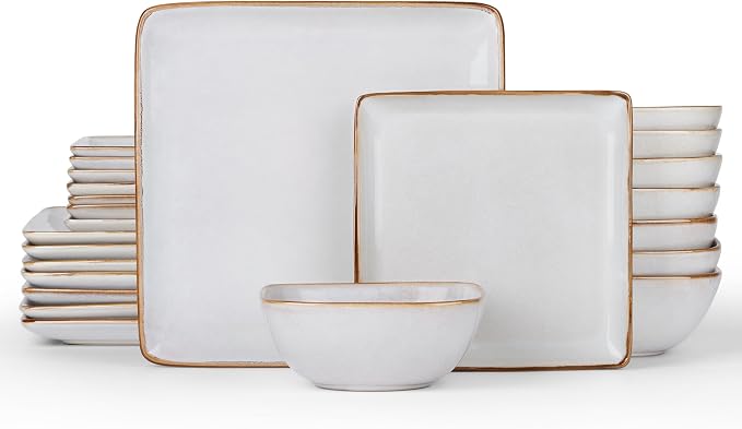E-far Square Dinnerware Sets for 8, 24-Piece Stoneware Plates and Bowls Dishes Set, Reactive Glaze Porcelain Dishware Sets, Chip & Scratch Resistant, Microwave & Dishwasher Safe, Seashell White