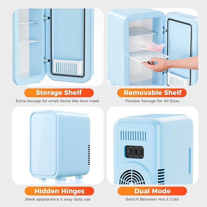OSTBA Mini Fridge for Skincare, 6 Liter/8 Can 110V AC/DC Portable Thermoelectric Cooler Refrigerators for Bedroom, Skincare, Beverage, Office, Dorm Room and Car, Blue