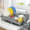 Urackify Expandable Dish Rack for Kitchen Counter, 16.14"-23.62" Large Stainless Steel Dish Drying Rack with Adjustable Water Spout, Space Saving Dish Drainer with Auto Draining Cutlery Holder,Grey