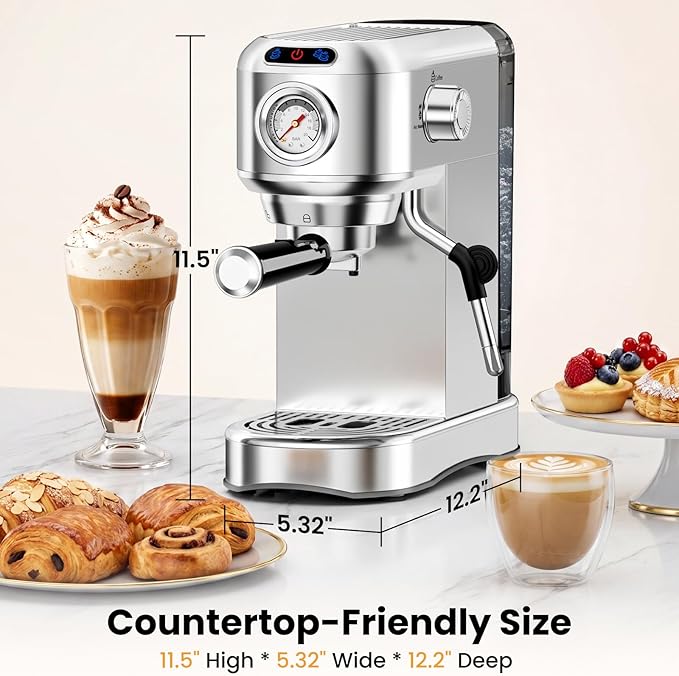 Espresso Machine 20 Bar, Compact Espresso Coffee Machine with Milk Frother, Stainless Steel Coffee Maker with 34oz Removable Water Tank, Cappuccino Machine for Home, Office, Latte (Silver)