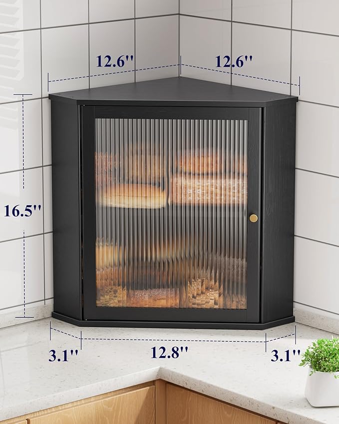 Kitsure Bread Box - 2-Tier Corner Bread Box for Kitchen Countertop with Magnetic Acrylic Door, Bamboo Kitchen Counter Organizer for Snacks, Loaves, Homemade Bread Storage, Black, 16.5" H