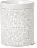 FUN ELEMENTS Kitchen Utensil Holder, 7.2" Super Large Utensil Crock Heavy and Stable Lace Emboss Ceramic Utensil Holder for Kitchen Counter (Bright White)