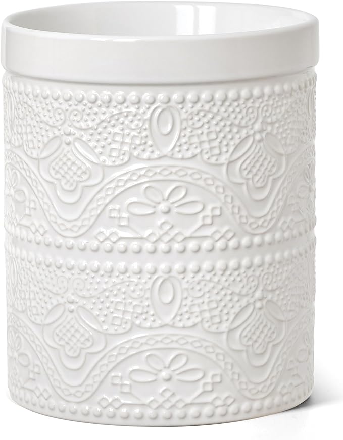 FUN ELEMENTS Kitchen Utensil Holder, 7.2" Super Large Utensil Crock Heavy and Stable Lace Emboss Ceramic Utensil Holder for Kitchen Counter (Bright White)