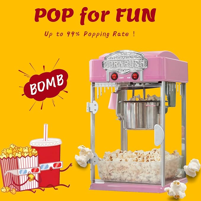Popcorn Popper Machine-4 OZ Vintage Professional Popcorn Maker Theater Style with Nonstick Kettle Warming Light and Serving Scoop. (Pink)