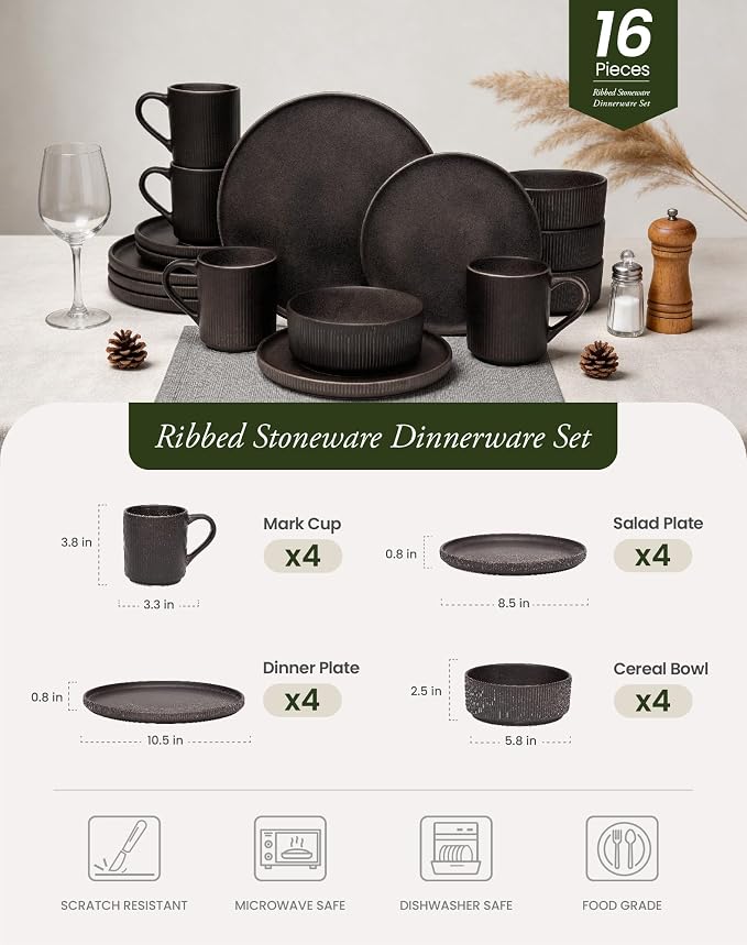 OTAGO 16-Piece Dinnerware Set for 4 with Mugs, Ribbed Stoneware Plates and Bowls Sets, Unique Handcrafted Reactive Glaze, Chip and Scratch Resistant Dish Set, Microwave & Dishwasher Safe, Black