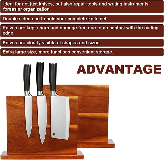 Magnetic Knife Block, Acacia Wood Knife Holder Stand with Strong Magnets, Double Side Knife Storage Rack for Kitchen (Brown)