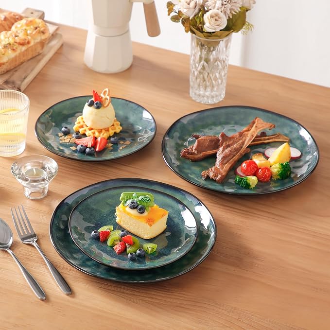 vancasso Starry Dinnerware Set for 4, Handmade Reactive Glaze Stoneware 12 Pieces Plates and Bowls Sets, Dishwasher and Microwave Safe Dish Set, Green