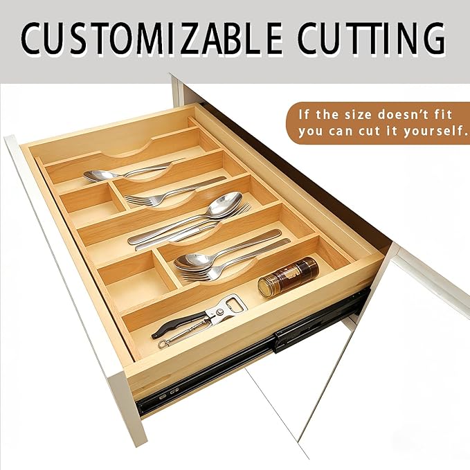 Silverware Drawer Organizer - Trim-to-Fit with Adjustable Dividers for Kitchen Utensil Storage, Beech Wood Frame with 11 Sizes (24" W x 22" D)