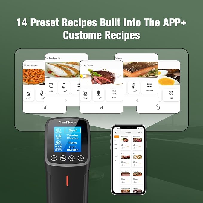 2.4g Wifi Sous Vide Cooker CharMeter Sous Vide Machine CSV-100-W, 1000 Wattts Sous-Vide Cooker Immersion Circulator App Control with 14 Preset Recipes, Calibration Function,Fast-Heating with Timer
