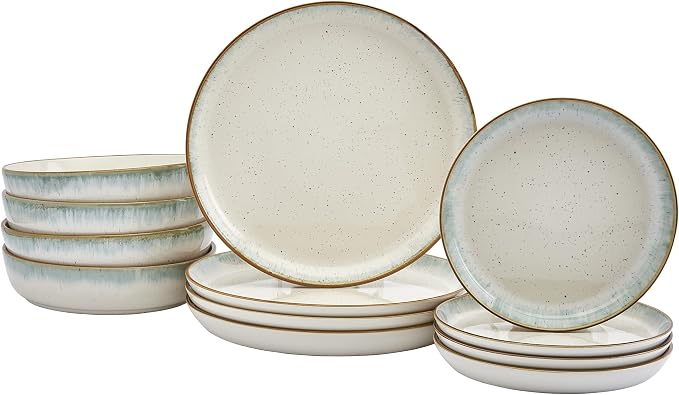 Tabletops Gallery Speckled Farmhouse Collection- Stoneware Dishes Service for 4 Dinner Salad Appetizer Dessert Plate Bowls, 12 Piece Hanover Dinnerware Set in Teal