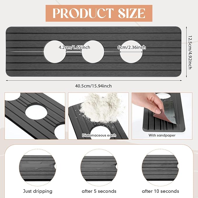Teenyyou 3 Hole Gray Faucet Mat for Kitchen Sink Bathroom 15.94" x 4.92" Kitchen Faucet Absorbent Mat Diatomite Splash Guard Quick Drying Stone Drip Catcher Hole 2.36" Holes Spaced About 1.65"
