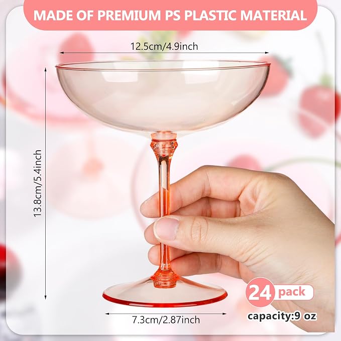 LemonRoad 24 Pcs Plastic Coupe Glasses 9 oz Disposable Martini Glasses for Cocktails, Champagne, Desserts and Espresso, Drinkware Set for Weddings, Birthday Parties, Home Bars (Champagne Powder)