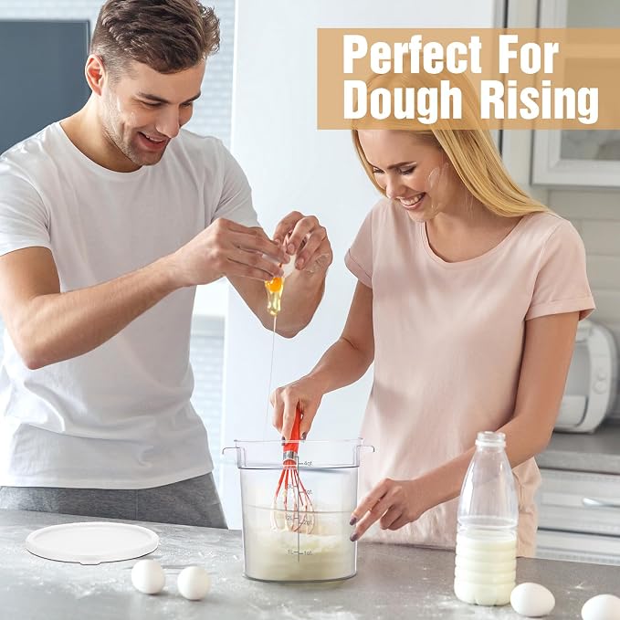 Blushtier 4 Pcs Food Storage Container with Lids Set 4 Qt Square and Round Clear PC Commercial Containers with Scale Handle for Home Restaurant Kitchen Food Storage, Dough Rise, Flour(White)