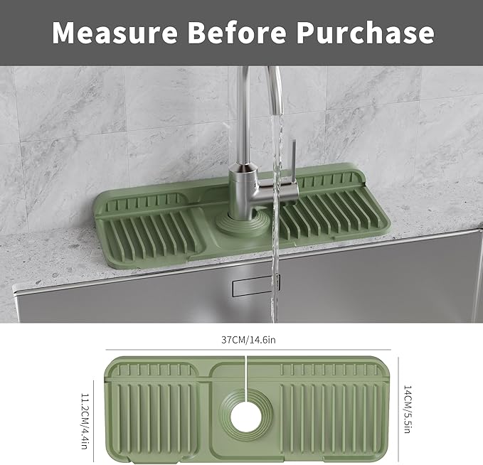WAFT YEARN 14X5 Inch Silicone Durable Faucet Mat Kitchen Sink Splash Guard Draining Protector Tray Liner Absorbent Protective Counter Accessories For Sink Kitchen Bathroom Laundry Room Bar & RV Green