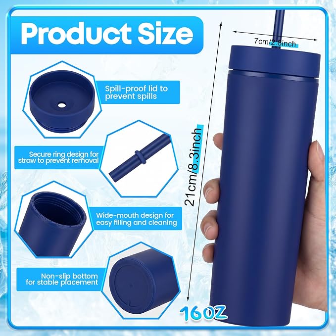 Reallnaive 6 Pcs Skinny Tumbler Bulk and Mini Portable Fans Set for Summer, 16 oz Plastic Cups with Lids Straws and Small USB Rechargeable Handheld Fan for Cooling Gift (Dark Blue)