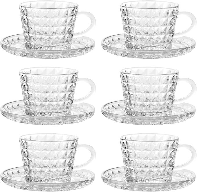 Glass Espresso Shot Cups with Saucers Set of 6, Clear Small Demitasse Cup with Stainless Steel Spoons, Dishwasher Safe Coffee Mugs for Tea Hot Chocolate Cappuccino, 5OZ/150ML, Diamond