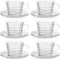 Glass Espresso Shot Cups with Saucers Set of 6, Clear Small Demitasse Cup with Stainless Steel Spoons, Dishwasher Safe Coffee Mugs for Tea Hot Chocolate Cappuccino, 5OZ/150ML, Diamond