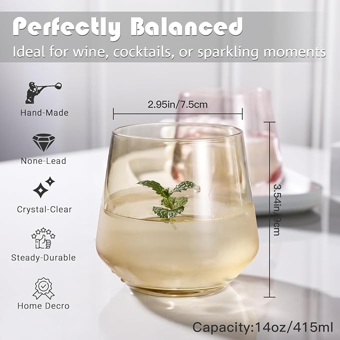Physkoa Colored Stemless Wine Glasses Set of 6, Multi color Wine Glasses14oz,Diamond Shaped Cocktail Glass,Colorful Short Tumblers.Unique Drinkware for Home Party