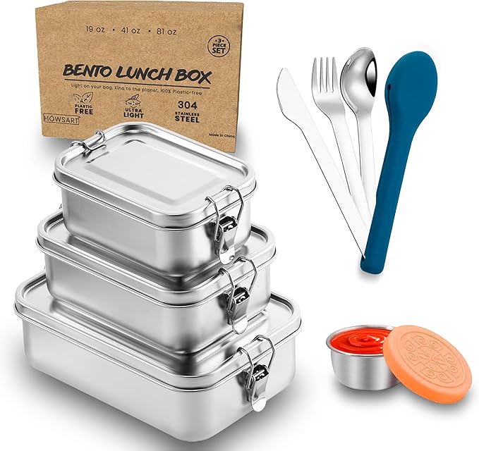 5 in 1 | Stainless Steel Bento Box & Silicone Case Cutlery Set & Salad Dressing Container – 3PCS Nesting Metal Lunch Box 19oz - 41oz - 81oz for Travel, Office – Food Storage Lunchbox for Adults