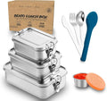 5 in 1 | Stainless Steel Bento Box & Silicone Case Cutlery Set & Salad Dressing Container – 3PCS Nesting Metal Lunch Box 19oz - 41oz - 81oz for Travel, Office – Food Storage Lunchbox for Adults