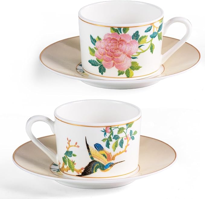 KAMMAK Tea Cups and Saucers Set of 2, Porcelain Coffee Cups, Stackable Espresso Mugs, Ceramic Demitasse for Coffee, Cappuccino, Latte, Americano, Tea, Embroidered Peony