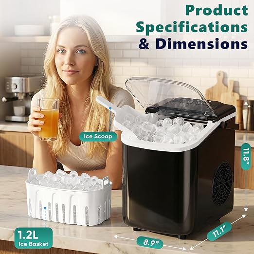 OLIXIS Countertop Ice Maker with Self-Cleaning, Portable Ice Maker Machine with Ice Scoop, 26Lbs/24H, 9 Cubes in 6 Mins, 2 Sizes of Bullet Ice for Home, Kitchen, Office