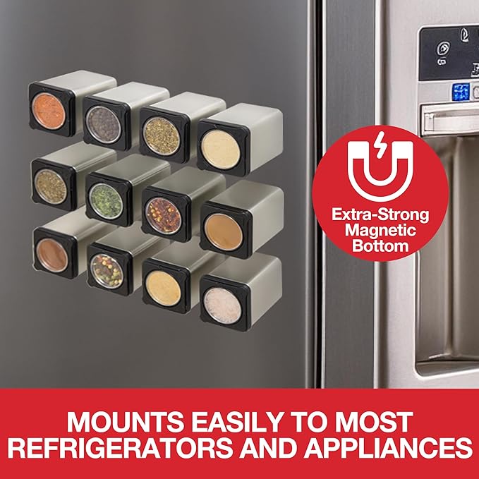 Set of 3 Magnetic Spice Jars, Shake or Pour Containers Attach to Most Refrigerator Doors & Appliances, Seasoning Dispensers- Easy Open Window Top Shakers- Salt Pepper Organizers, Space Saving Baking