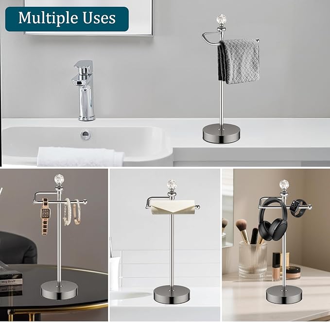 ROLABAM Heavy Weighted Hand Towel Holder (with Crystal Ball) Hand Towel Holder Stand Total Height 16.54'' for Kitchen, Bathroom and Countertops, Classic Metal Fingertip Towel Holder, Brushed Nickel