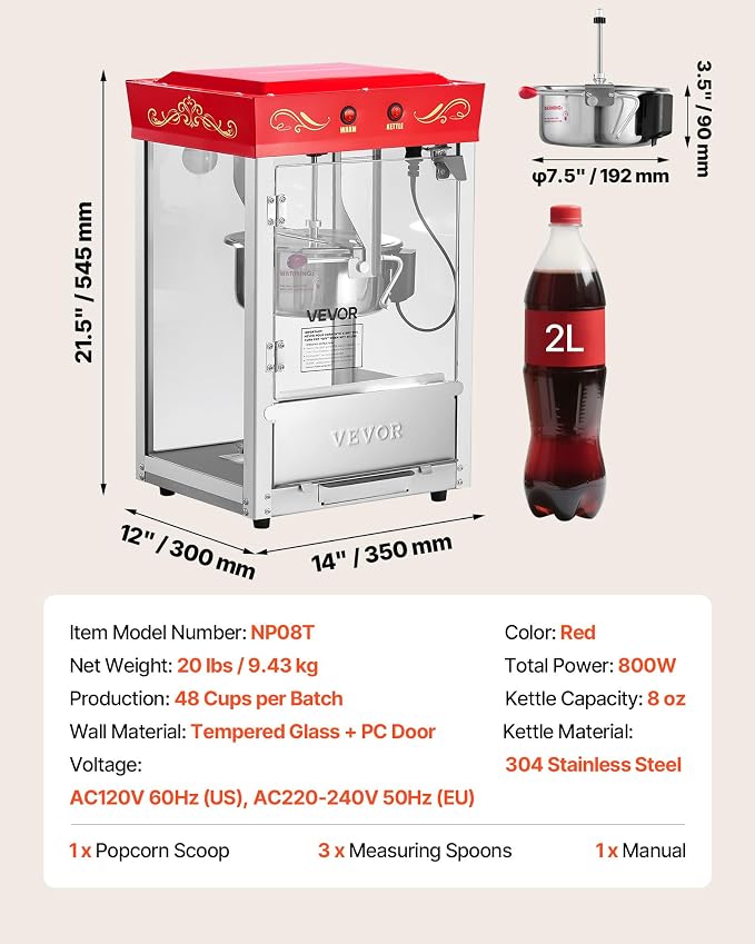 VEVOR Popcorn Machine, 8oz Stainless Steel Kettle, 800W Commercial Countertop Popcorn Maker, 48 Cups per Batch Theater Style Popper, with 2-Button Control Glass Wall PC Door 1 Scoop 3 Spoons, Red
