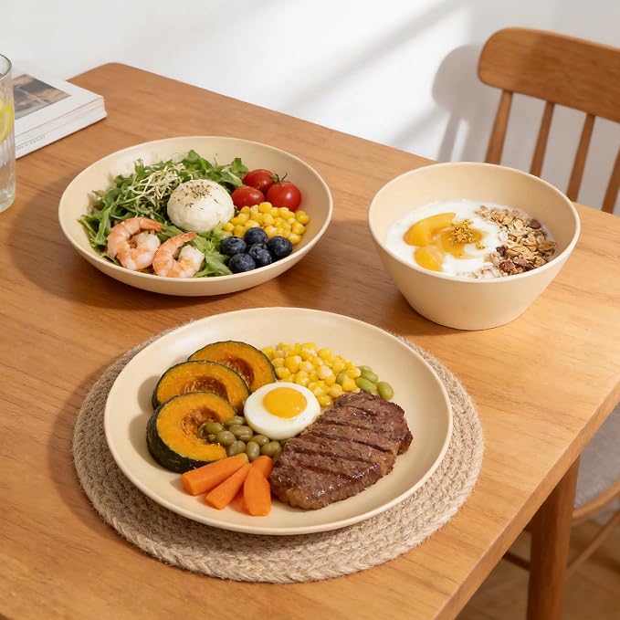 Unbreakable Dinnerware Set for 6 Butter Yellow 18 Piece Melamine Wheat Straw BPA Free Lightweight Dishwasher Safe Shatter Resistant for Kitchen Farmhouse Daily Breakfast