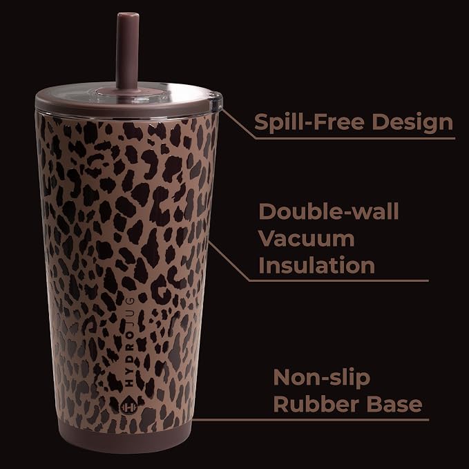 HydroJug Everyday Tumbler 20 oz, Ceramic-Lined Straw Cup, Brown Leopard
