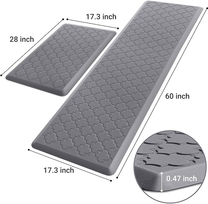 Kitchen Mat [2 PCS] Cushioned Anti-Fatigue Floor Mat Water Resistant Non-Skid Kitchen Mats and Rugs Ergonomic Comfort Foam Kitchen Rugs Standing Mat for Floor Office Sink(Grey,17.3"x28"+17.3"x60")