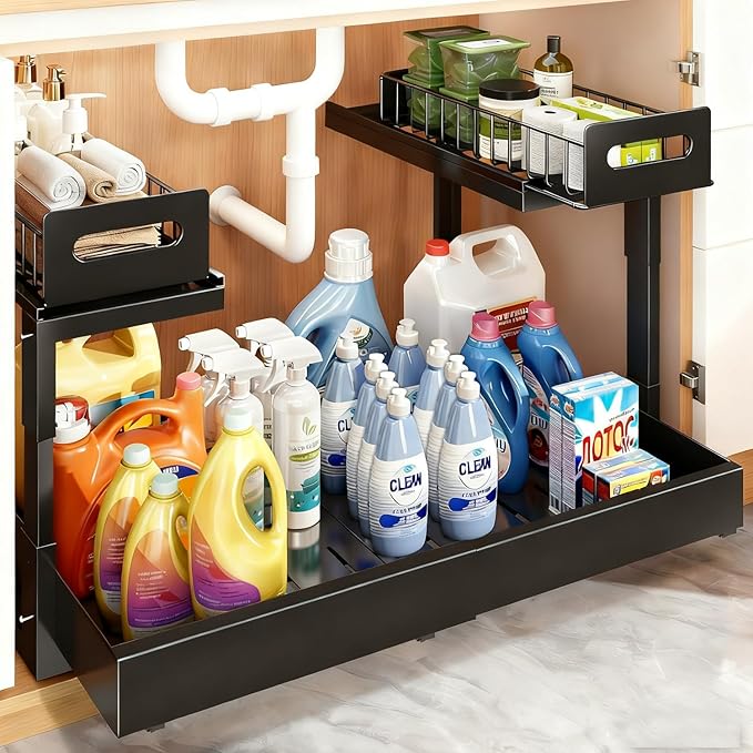 Buwico Expandable under cabinet organizer, 2-Tier under sink organizer with Reinforced Ball-Bearing slide rail, Slide-Out sink Shelf Height Adjustable, Durable and rust-proof for Kitchen & Bathroom