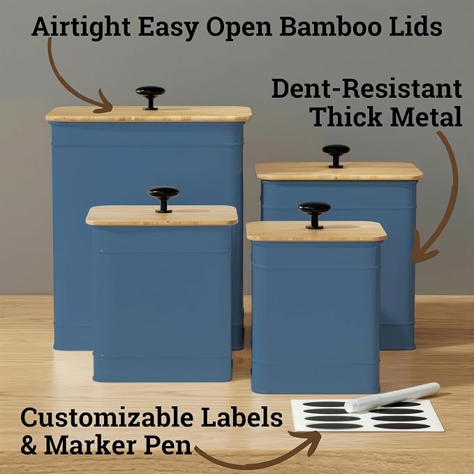 Kitchen Canisters for Countertop Set of 4 w/ Chalkboard Labels & Marker Pen | Airtight Easy Open Bamboo Lids, Dent-Resistant Thick Metal, Customizable Chalkboard Labels, Marker Pen Included, Set of 4