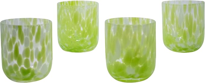 Stephanie Imports Set of 4 Handcrafted Double Old-Fashioned Confetti Drinking Glasses (12 oz) (Pear Green & White)