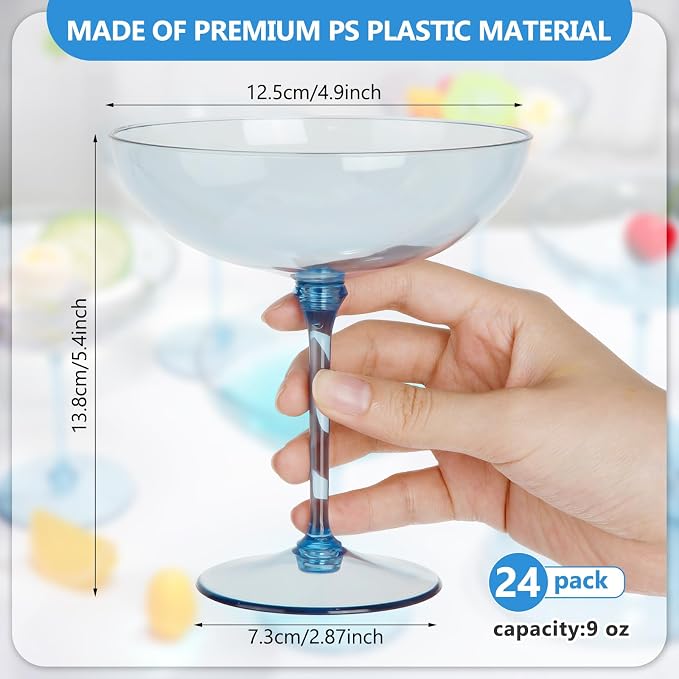 LemonRoad 24 Pcs Plastic Coupe Glasses 9 oz Disposable Martini Glasses for Cocktails, Champagne, Desserts and Espresso, Drinkware Set for Weddings, Birthday Parties, Home Bars (Blue)