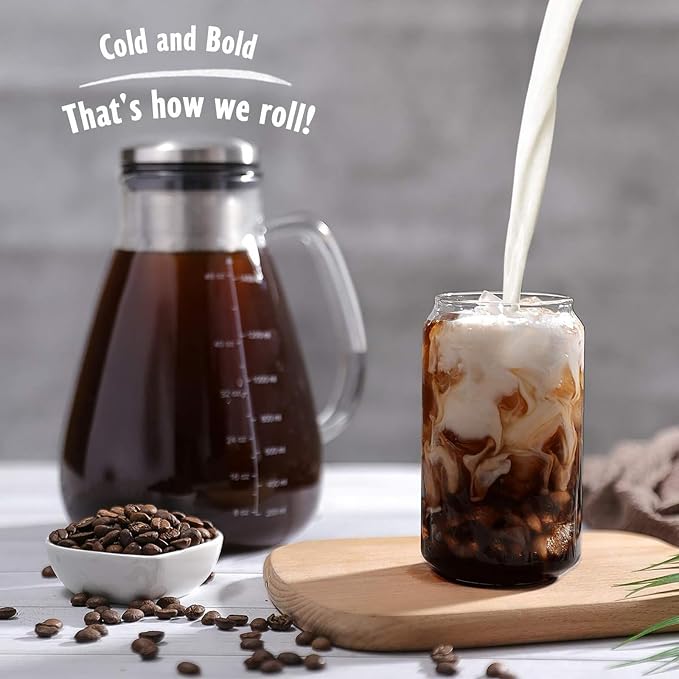 YMMIND Cold Brew Iced Coffee Maker 51oz, Brewed Coffee Pot with Removable Double Mesh 304 Stainless Steel Filter, BPA-Free Cold Brew Pitcher Glass Container, Tea Maker