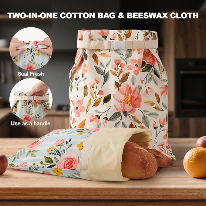 Beeswax Bread Bag, 2 Pack Sourdough Bread Bags, Reusable Bread Bags for Homemade Bread, Organic Cotton Beeswax Sourdough Bags, Wildwood Bloom Series