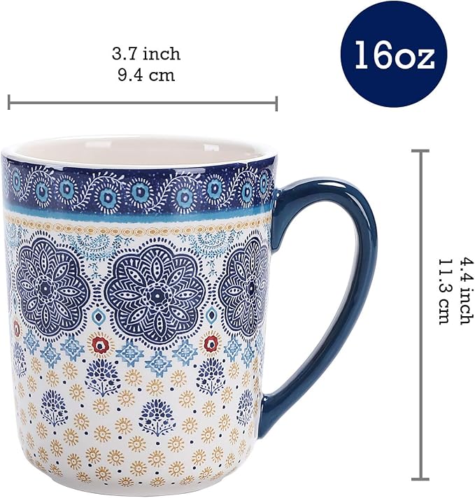 Bico Blue Talavera Ceramic Coffee Mugs Set of 4, 16 oz Large Tea Cups with Handle, Aesthetic Latte Mugs for Cappuccino Cocoa, Lead-Free, Dishwasher and Microwave Safe, Housewarming Gift