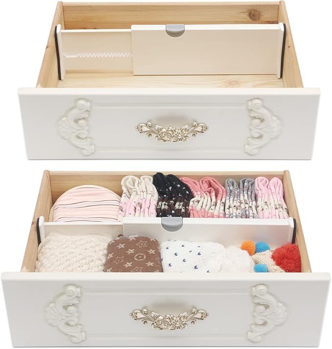 DIOMMELL 12 Pack Adjustable Dresser Drawer Dividers Organizers, Plastic Expandable Drawer Organization Separators for Kitchen, Bedroom, Closet, Bathroom and Office Drawers White 12PCS-Large