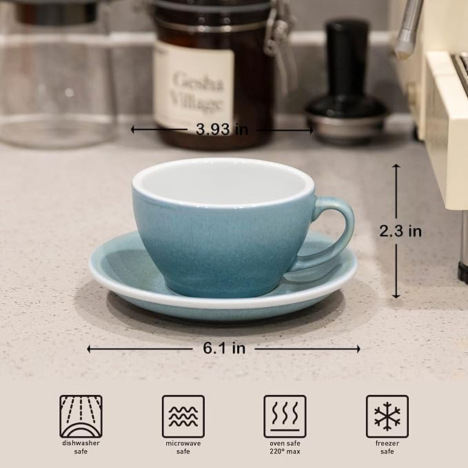 Loveramics Matt Cappuccino Cup, 8 oz Ceramic Latte Art Mug with Saucer, Thick-walled stoneware cup Set, Barista Latte Cup Set for Latte, Cappuccino, Tea - Mineral Colors (Glacier, 8OZ)