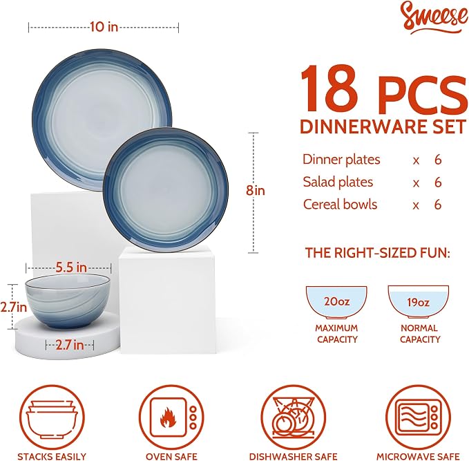 Sweese Porcelain Dinnerware Sets for 6, 18 Pieces Plates and Bowls Sets, Handcrafted Minimalist Dinner Set, Chip and Scratch Resistant Dish Set, Dishwasher & Microwave Safe, Ocean Blue