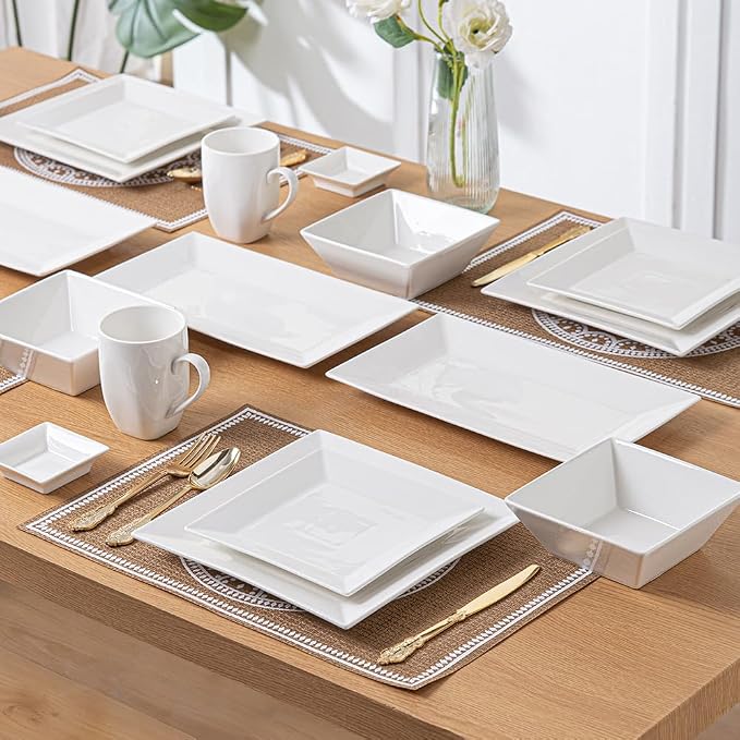 Porlien Off-White Porcelain Dinnerware Set (24 Piece Dinnerware Set), Square Dishes Set for 6 Person, Chip Resistant Dinnerware Set, Square Plates and Bowls Sets, Durable Everyday Dishes