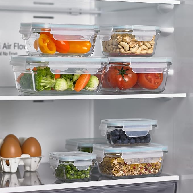 Glasslock Tempered Glass Food Storage Containers with Lids for Household Essentials, Meal Prep, and Leftover Storage, Clear (8 Pack)