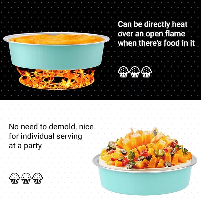 Beasea Aluminum Ramekins, 200 Pack 7.3oz 215ml Mini Disposable Baking Foil Cups 4 Inch No Lids Ramekin Cup Cupcake Aluminum Baking Cups for Party - Lake Blue