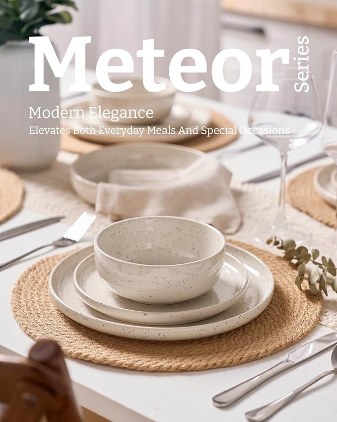 Famiware Meteor Stoneware Dinnerware Sets with Pasta Bowls, Service for 4 (16 Pieces), Plates and Bowls Sets, Microwave and Dishwasher Safe Dishes Set, Creamy White