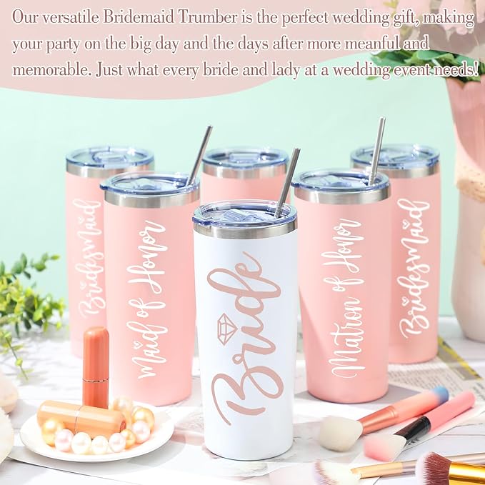 Sabary Bride Gifts Bridesmaid Tumblers Set of 8, 20 oz Insulated Bride Stainless Steel Wine Tumbler Bulk Maid of Honor Mugs with Lid and Straw for Wedding Engagement Party Gifts (Pink, White)