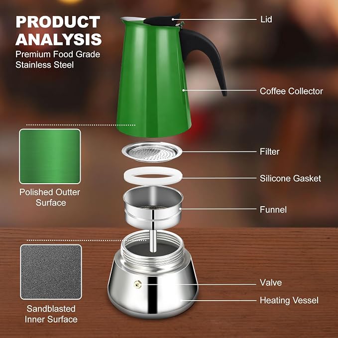 9 Cup Stovetop Espresso Maker Stainless Steel Moka Pot Stove Top Percolator Italian Coffee Makers Capable Mocha Greca Machine Cafe Classic Induction Cookers for Home and Camping 450ml 15oz