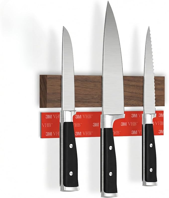 CUCINO Magnetic Knife Holder for wall, 10" no drilling required, includes self-adhesive tape, extra strong for holding knives – Awarded magnet strip – Walnut